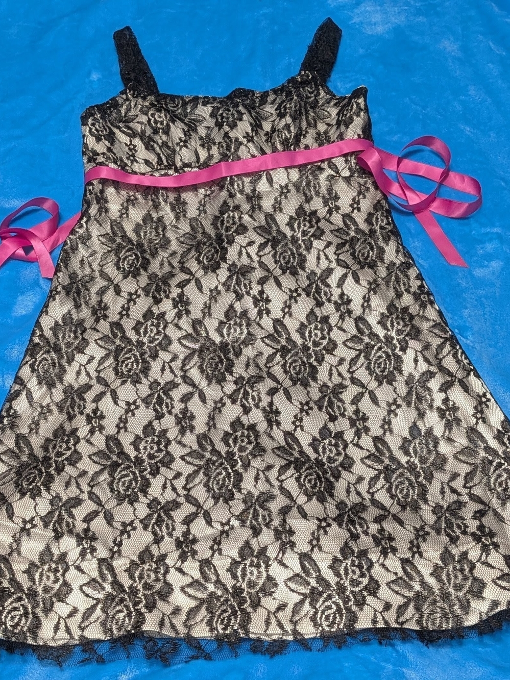 🖤🎀 Handmade Black Lace Overlay Slip Dress, Pink Ribbon Accent 🎀🖤